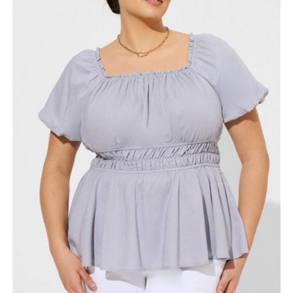 🆕 Linen Puff Sleeve Shirred Bodice Blouse Top 0 L 12 NWT Torrid New!